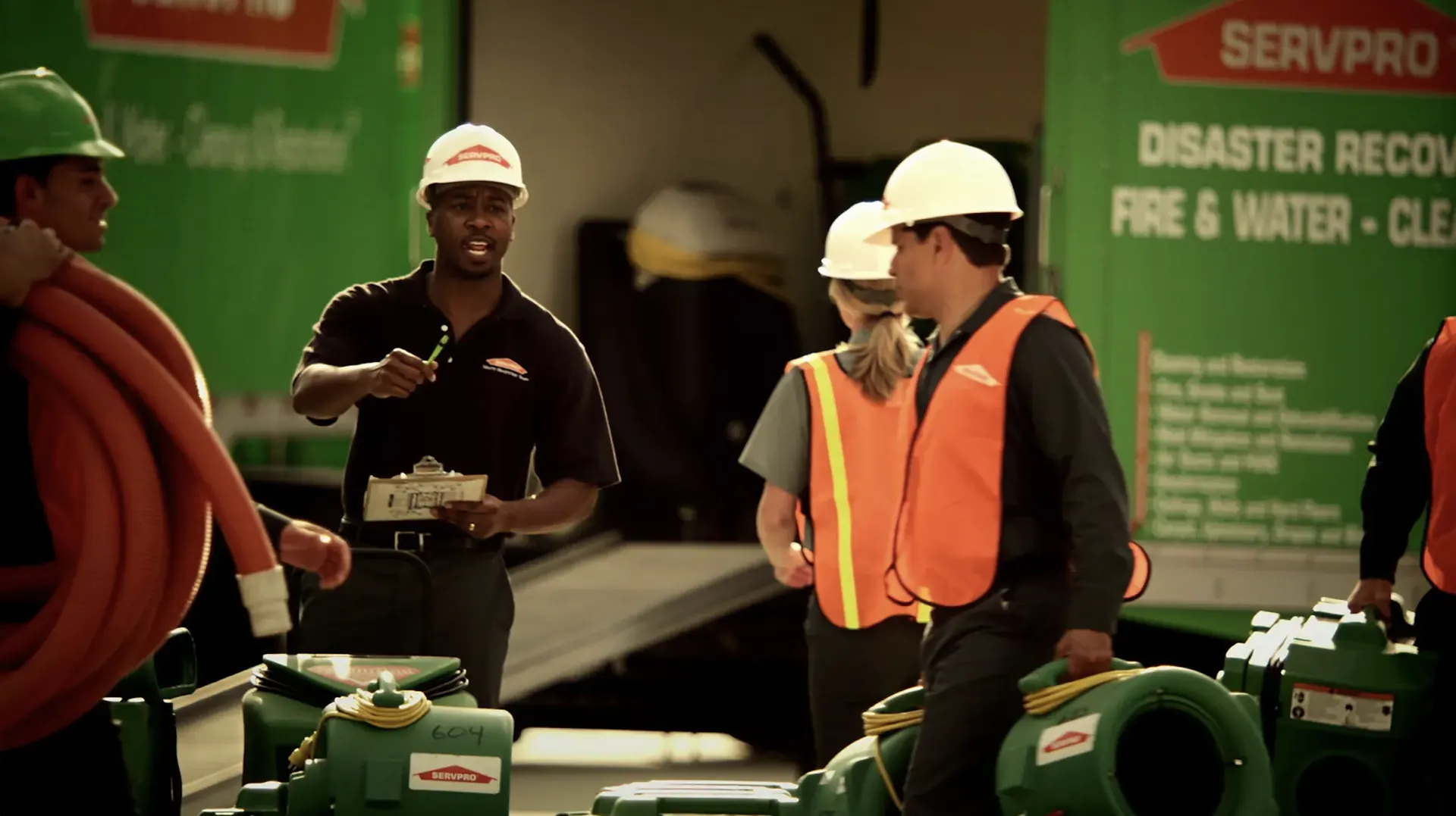 A SERVPRO restoration crew in hard hats and hi-vis vests loading hose and air movers from branded disaster-recovery trucks